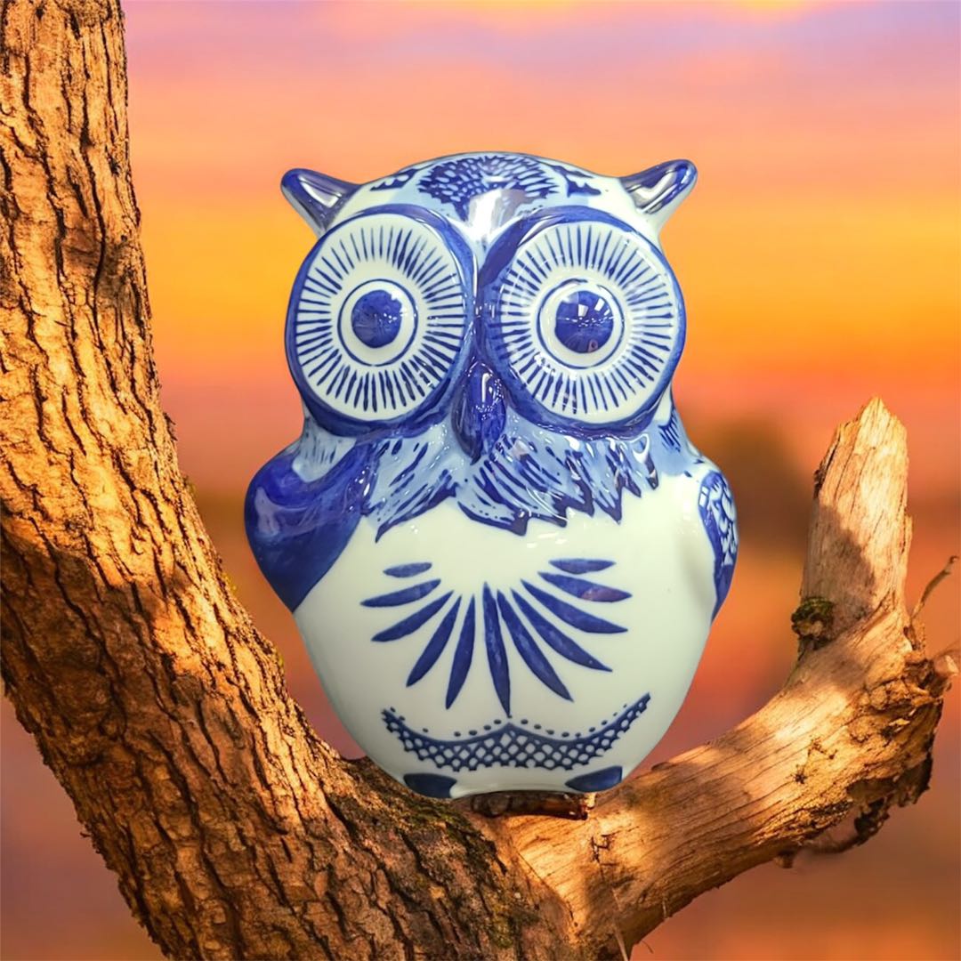 Blue & White Ceramic Owl 15cm