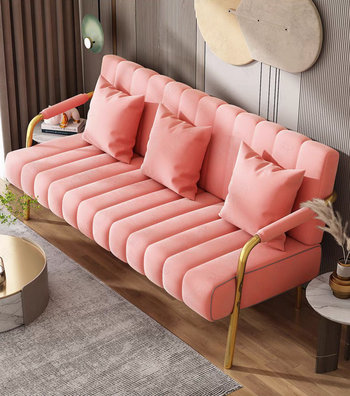 Modern Upholstered Sofa Couch with 2 Pillows, Pink