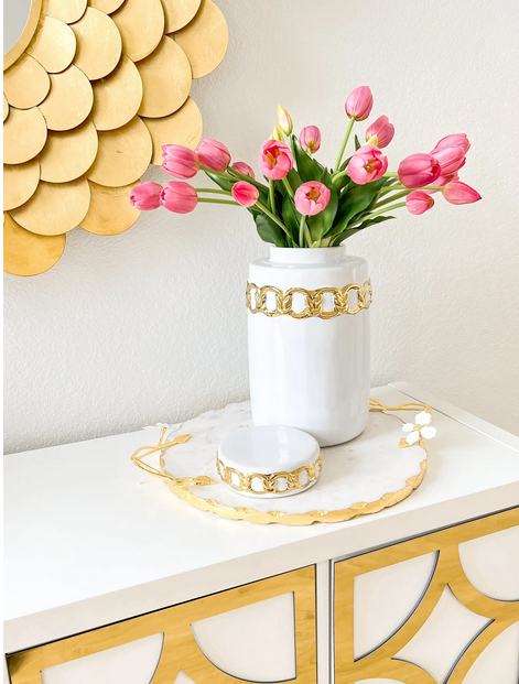 White with gold chain vase