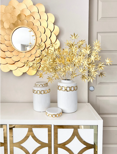 White with gold chain vase
