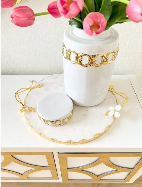 White with gold chain vase