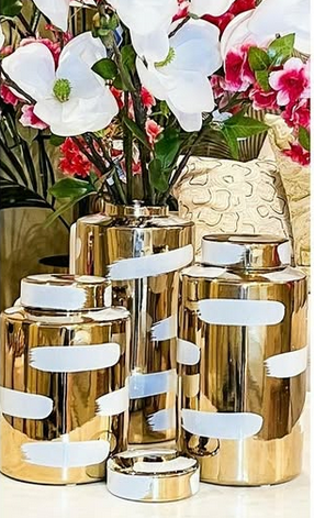 White with gold chain vase