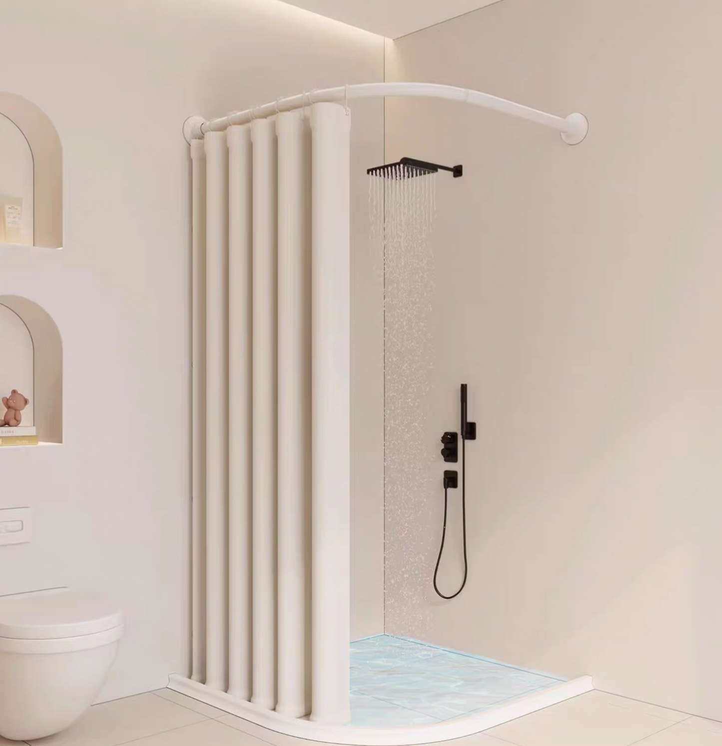 Non-punching retractable shower curtain rod • Curved L-shaped - White