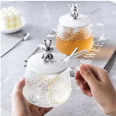 Cute Bear Glass Mug with Lid Spoon Heat-resistant Glass Cup