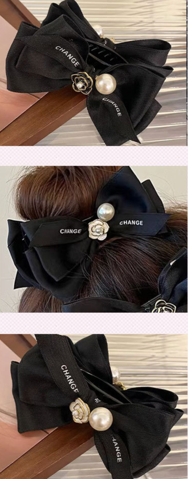 Black Camellia Pearl Bow Hair Clips