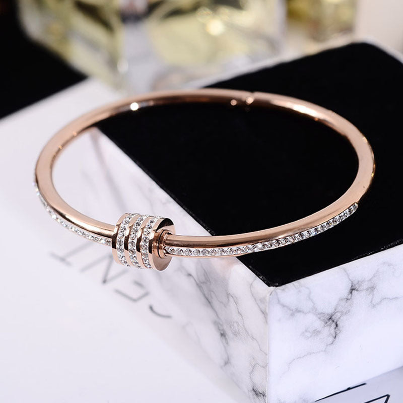 Simple Rhinestone Titanium Steel Bangles Plated 18k Gold Color