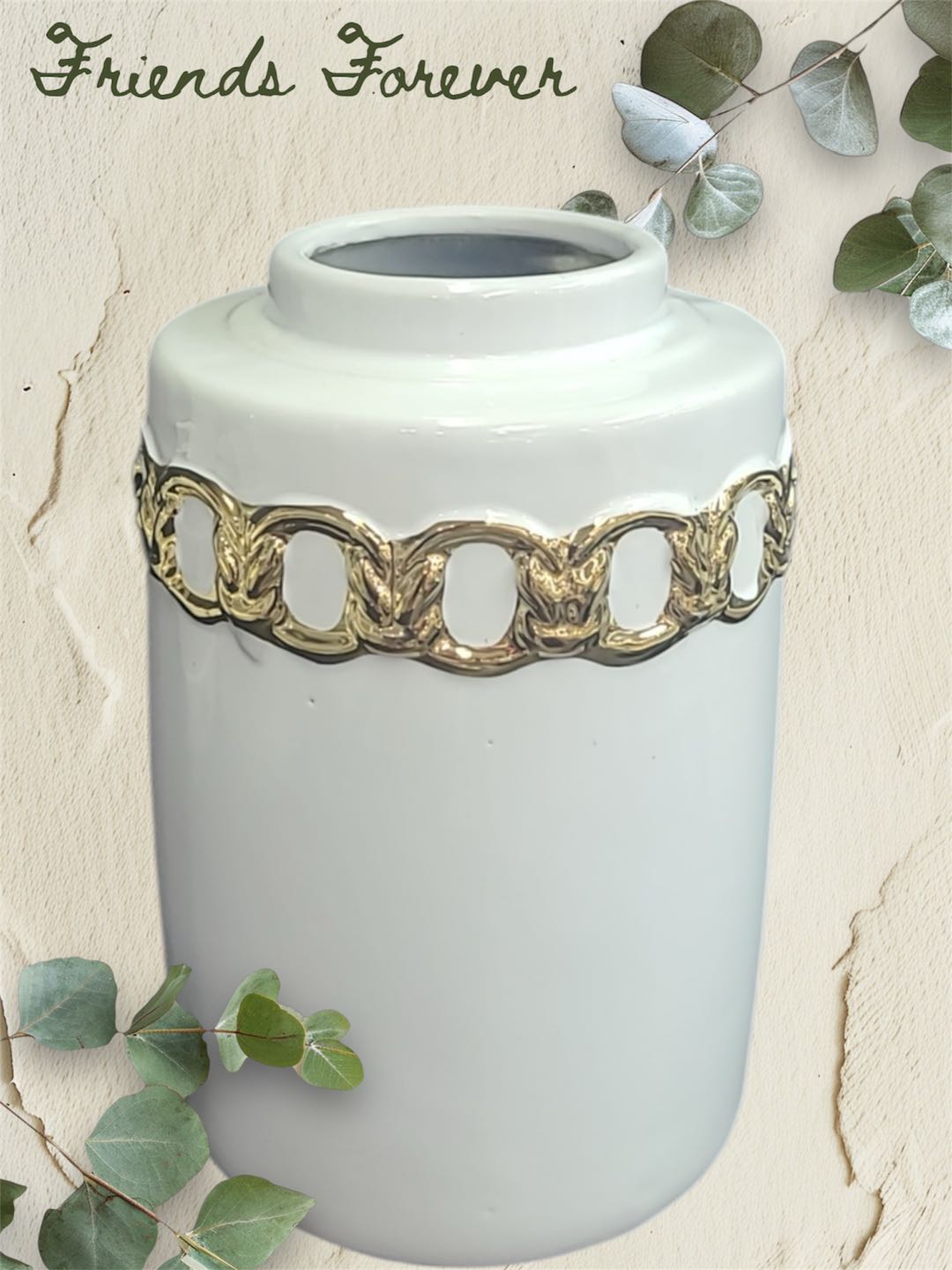 White with gold chain vase