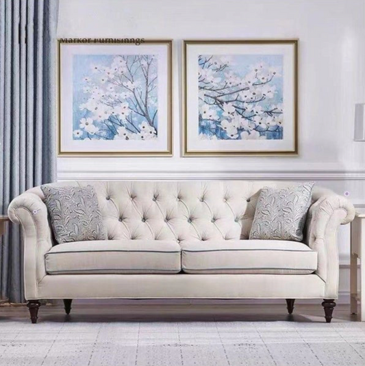 Sofas Classic Tufted chesterfield creamy velvet fabric Victorian Sofa 3 seats