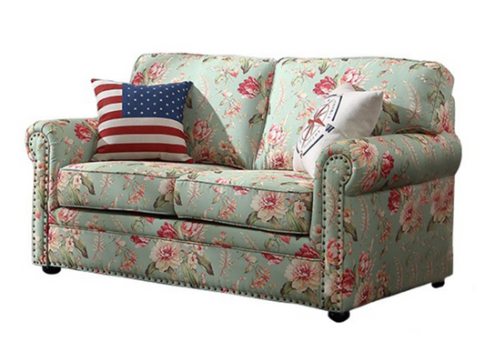 Traditional 2-Seat Rolled Arm Sofa with Removable Cushions and Nailhead Trims - Green Cotton and Linen
