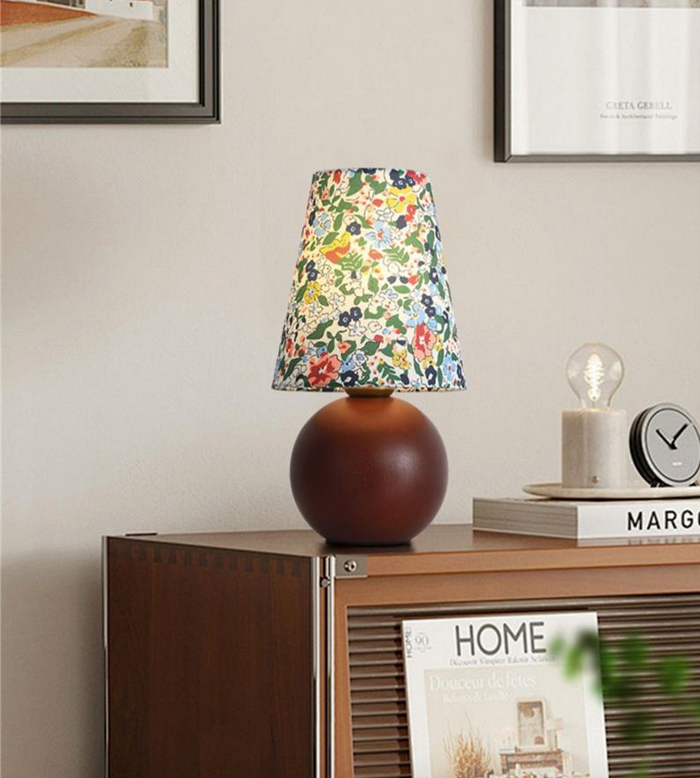 Traditional French Pastoral Floral Print Fabric Round Shade Solid Wood Base Lamp