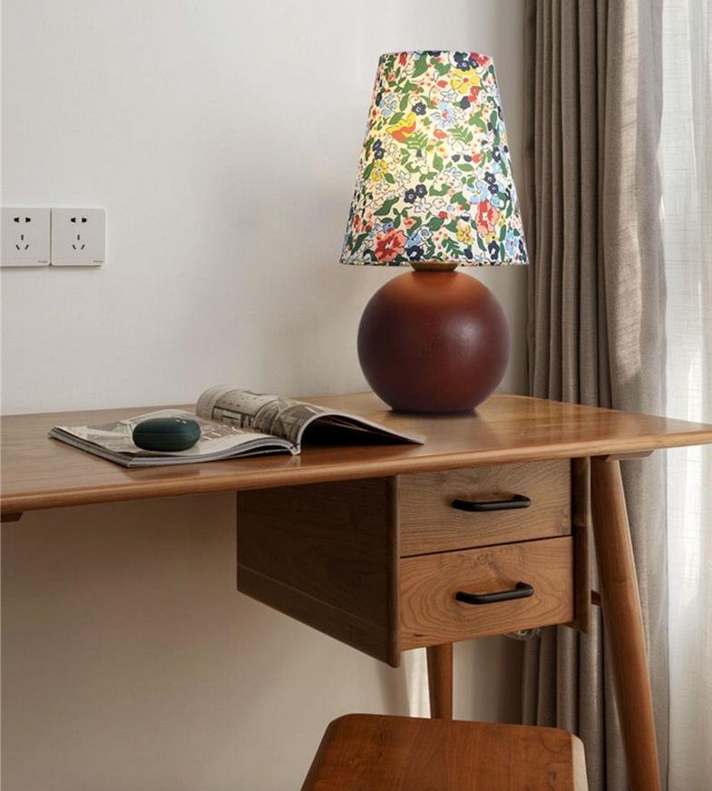 Traditional French Pastoral Floral Print Fabric Round Shade Solid Wood Base Lamp