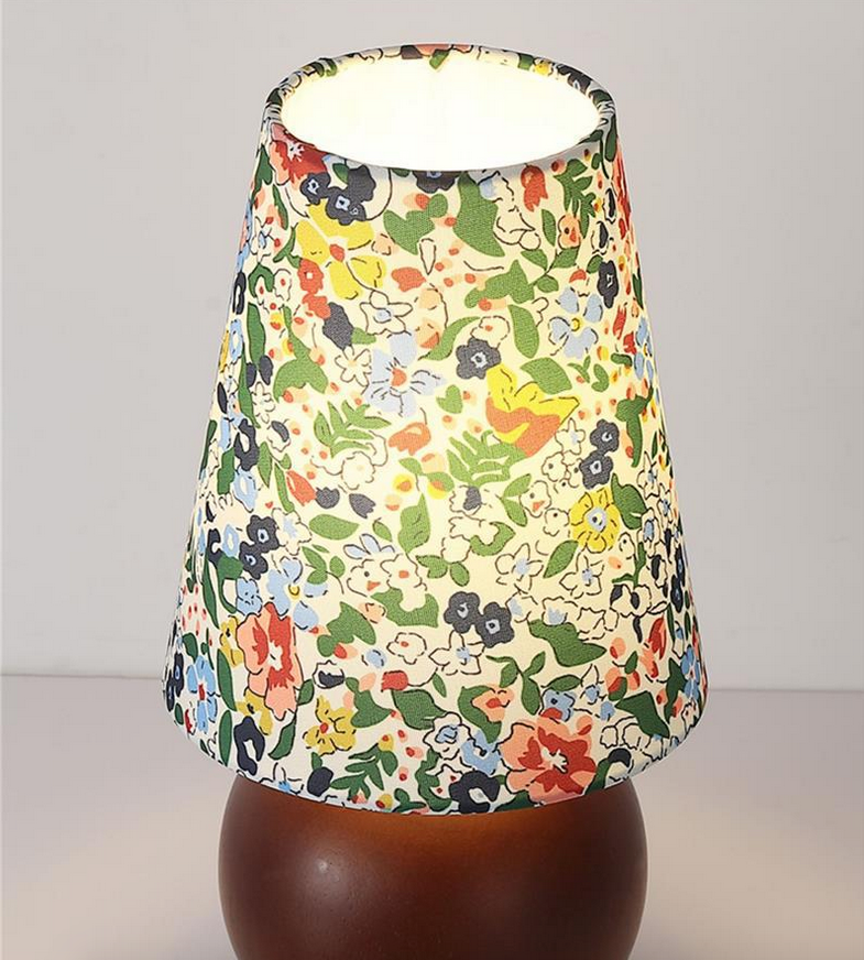 Traditional French Pastoral Floral Print Fabric Round Shade Solid Wood Base Lamp