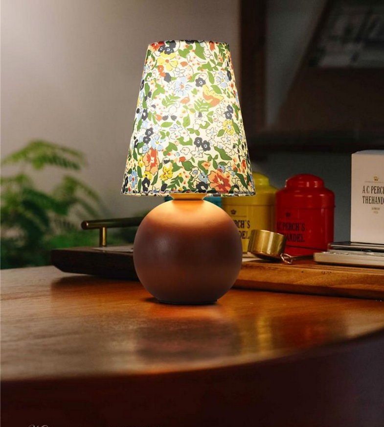 Traditional French Pastoral Floral Print Fabric Round Shade Solid Wood Base Lamp