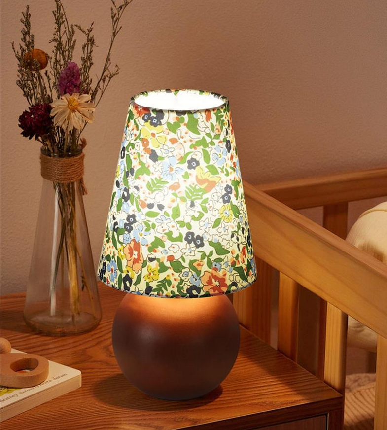 Traditional French Pastoral Floral Print Fabric Round Shade Solid Wood Base Lamp