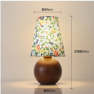 Traditional French Pastoral Floral Print Fabric Round Shade Solid Wood Base Lamp