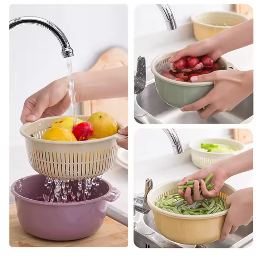 Kitchen Double Layer Drain Basket Bowl Washing Storage Basket
