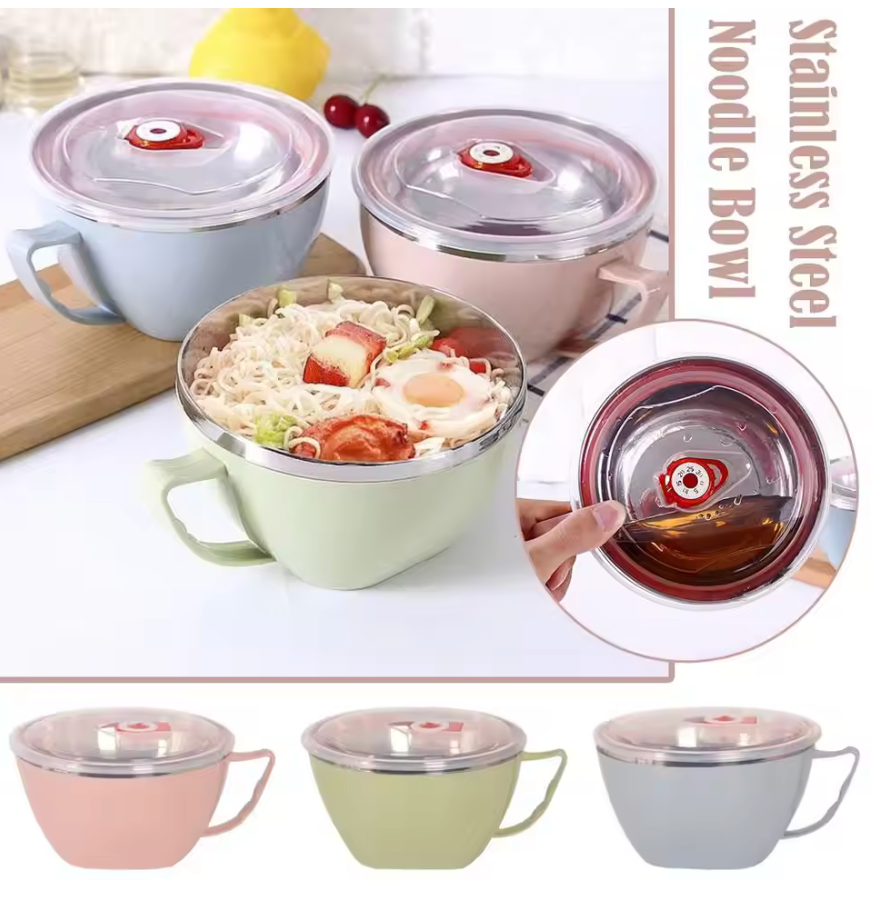 Stainless Steel Bowl With Handle Solid Color Anti Scalding Tableware