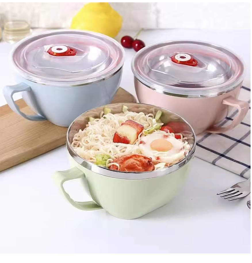 Stainless Steel Bowl With Handle Solid Color Anti Scalding Tableware