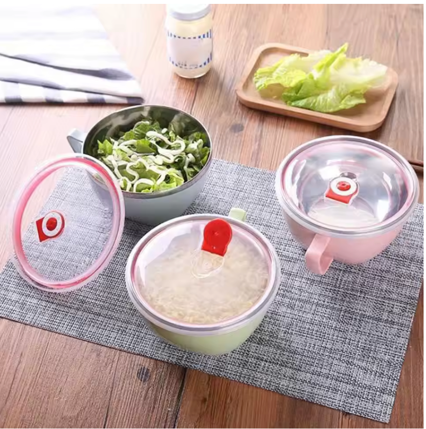 Stainless Steel Bowl With Handle Solid Color Anti Scalding Tableware