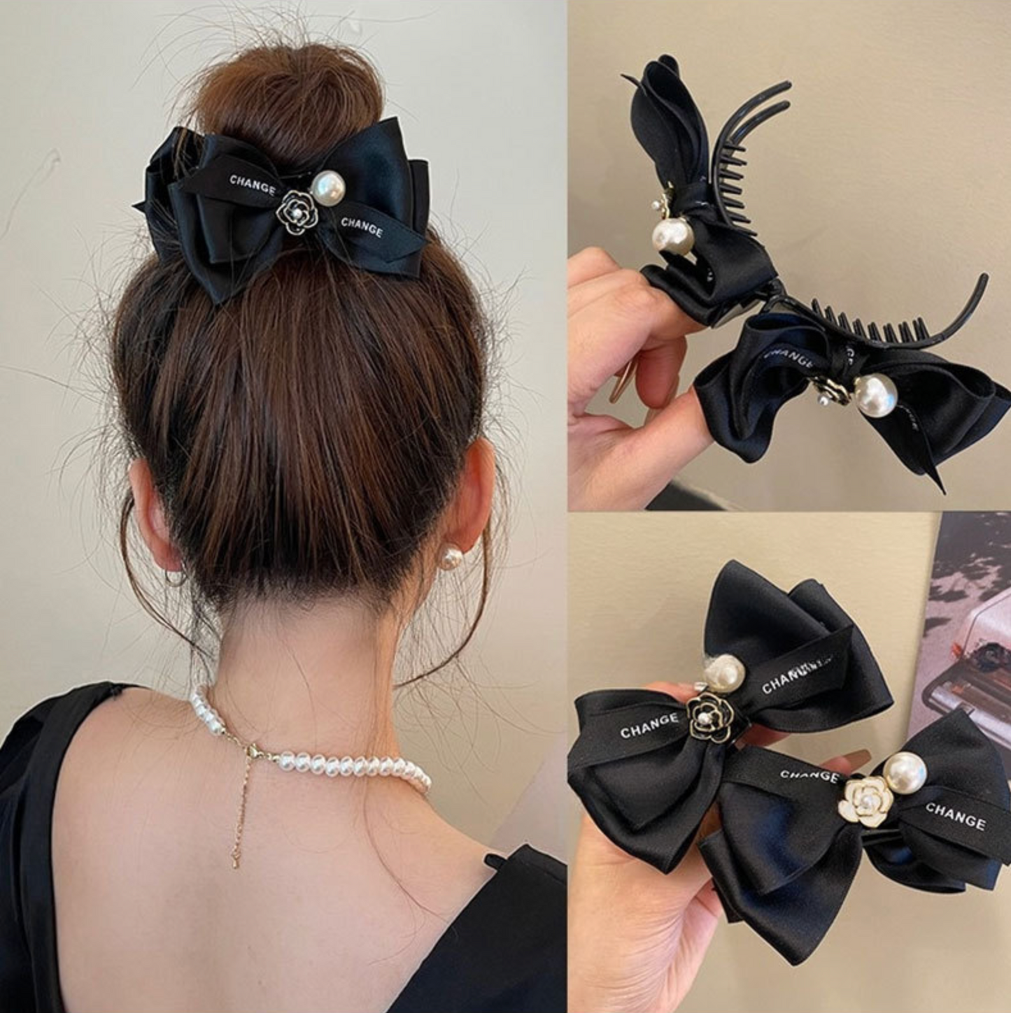 Black Camellia Pearl Bow Hair Clips