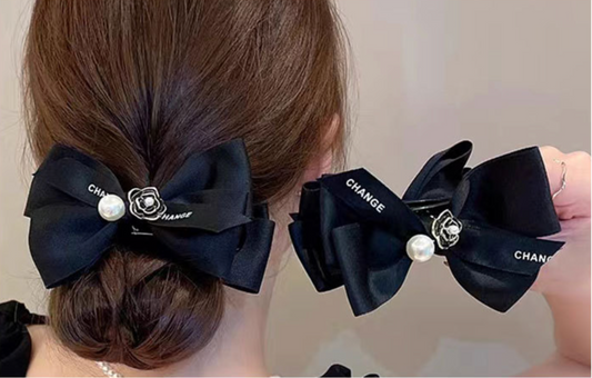 Black Camellia Pearl Bow Hair Clips