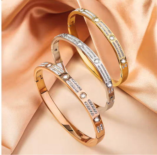 Simple Rhinestone Titanium Steel Bangles Plated 18k Gold Color
