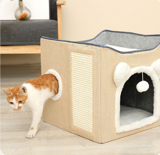 Big Cat Cave Cozy Cat Nest Bed Double Layer Hideaway Condo with Scratch Pad