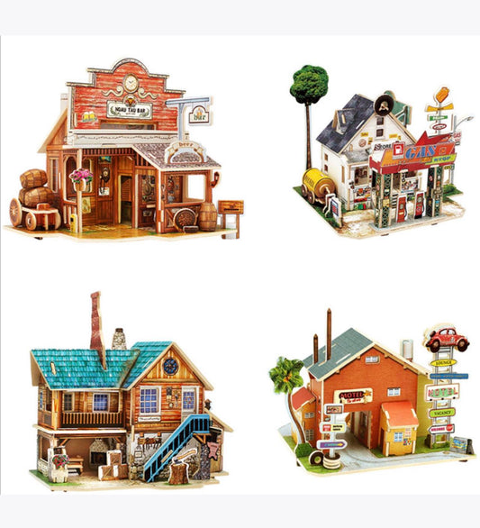 3D Stereo Puzzle Cartoon House American motel and Wild west pub