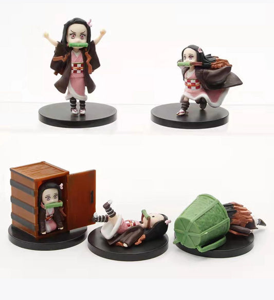 Nezuko Figure With Box Bamboo Basket Demon Slayer Mini Figurine 5 Pieces Sets