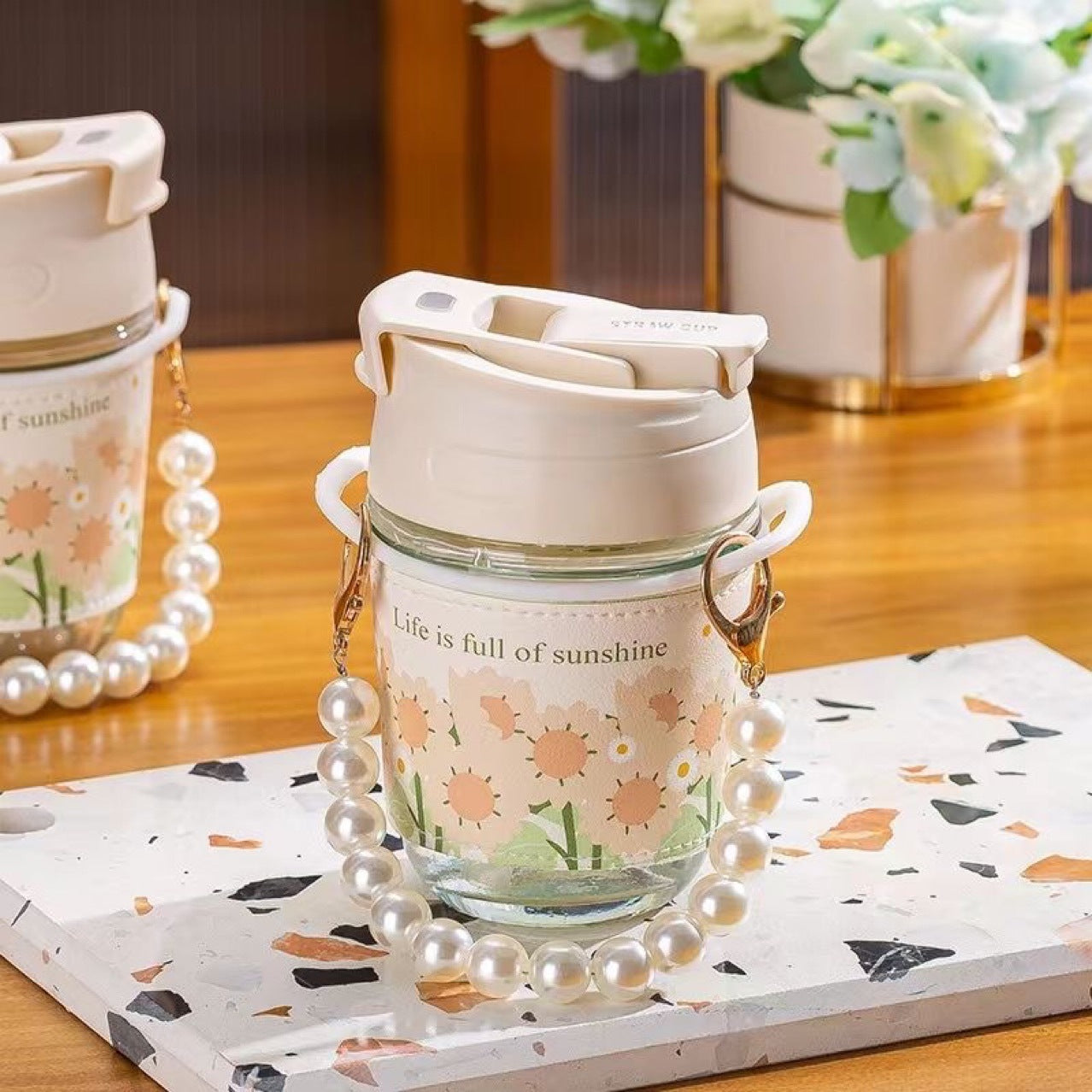 1pc High Beauty Pearl Glass Cup Preferred Material Portable 400ml