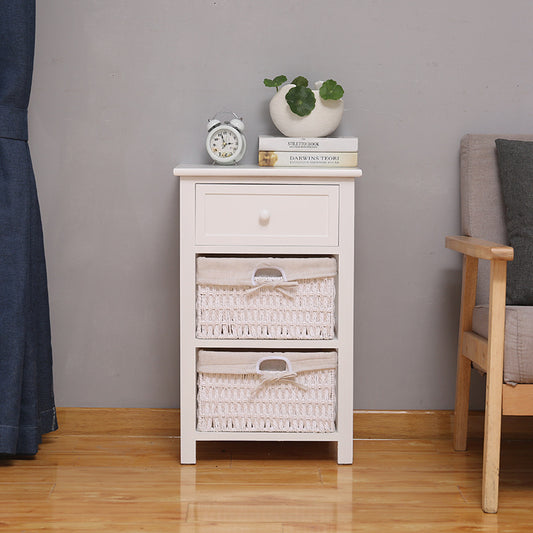Fully Assembled Nightstand with 2 Rattan Wicker Baskets