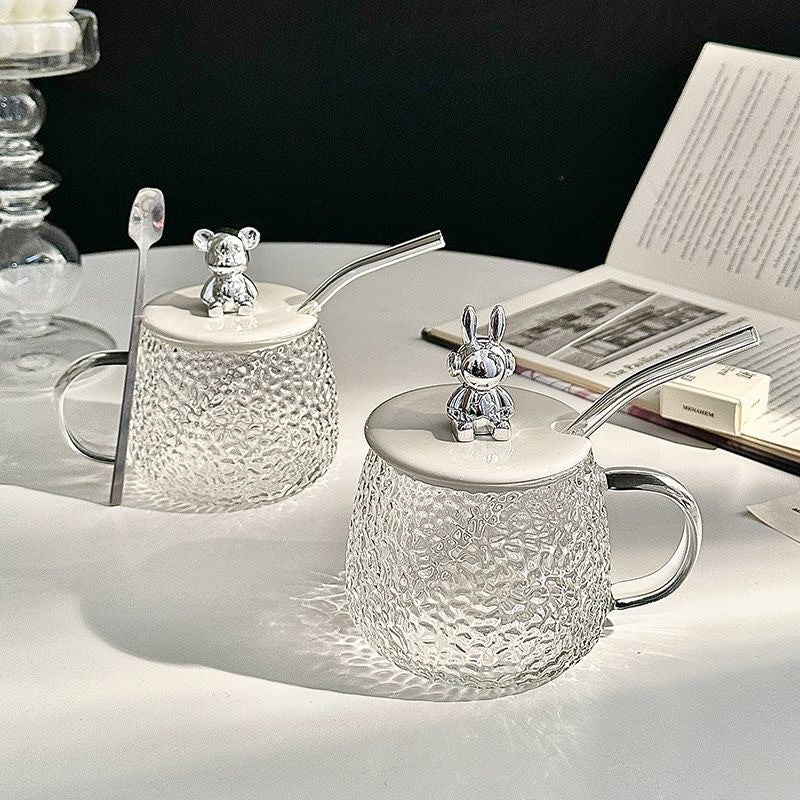 Cute Bear Glass Mug with Lid Spoon Heat-resistant Glass Cup